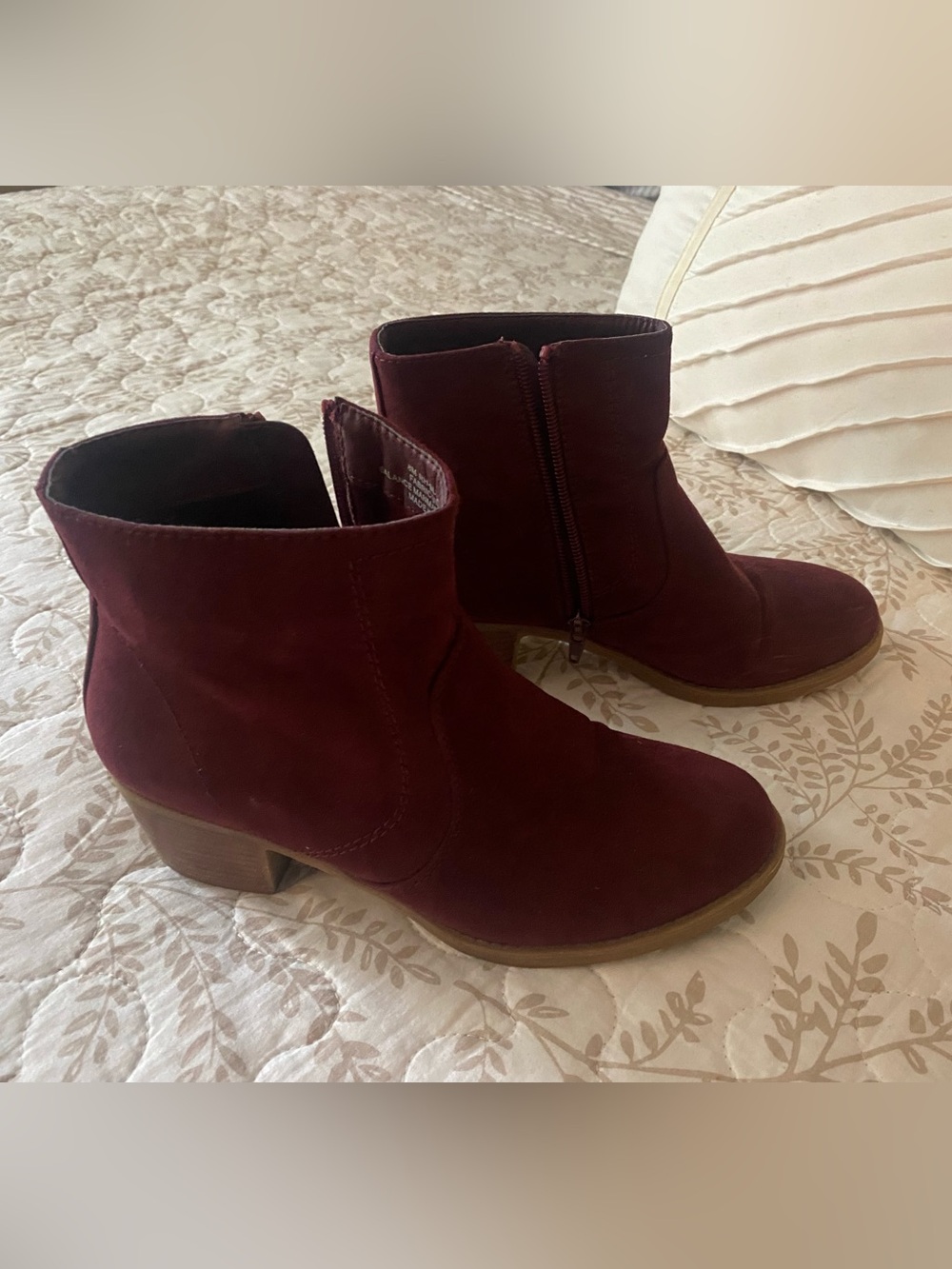 Ruff Hewn Wine Suede Ankle Booties with Low Block Heel